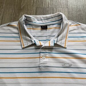 Oakley Striped Polo Shirt XL White Blue‎ Orange Golf Casual Cotton Blend Stretch